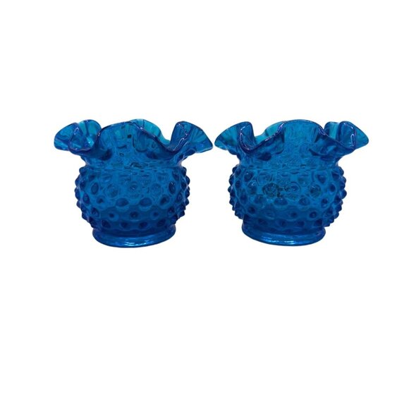 Fenton Blue Hobnail Glass Vase Set - 2 Pieces Ruffled Edge Collectibl - Picture 10 of 12